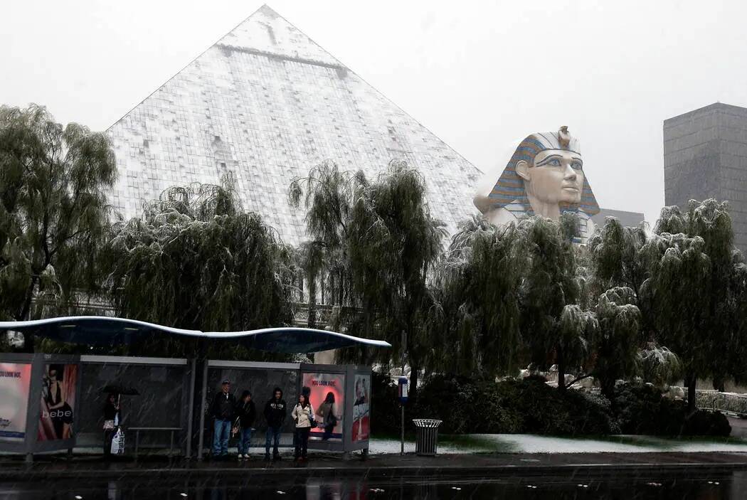 Un grupo de personas espera el autobús mientras la nieve cubre el Luxor, en el Strip de Las Ve ...