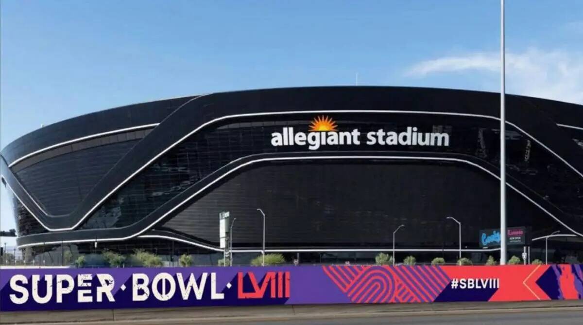 Representación de la señalización del Super Bowl en el exterior del Allegiant Stadium de Las ...