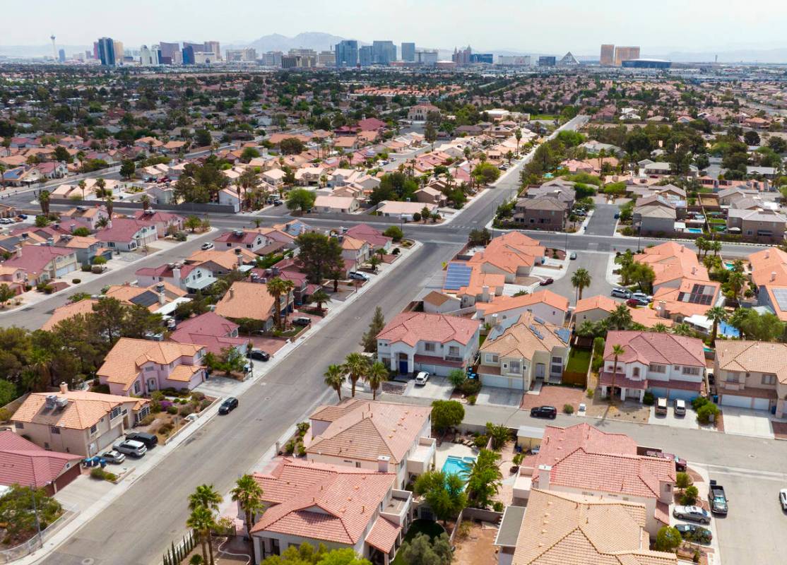 An aerial photo shows homes near Buffalo Drive, on Thursday, June 15, 2023, in Las Vegas. (Bizu ...