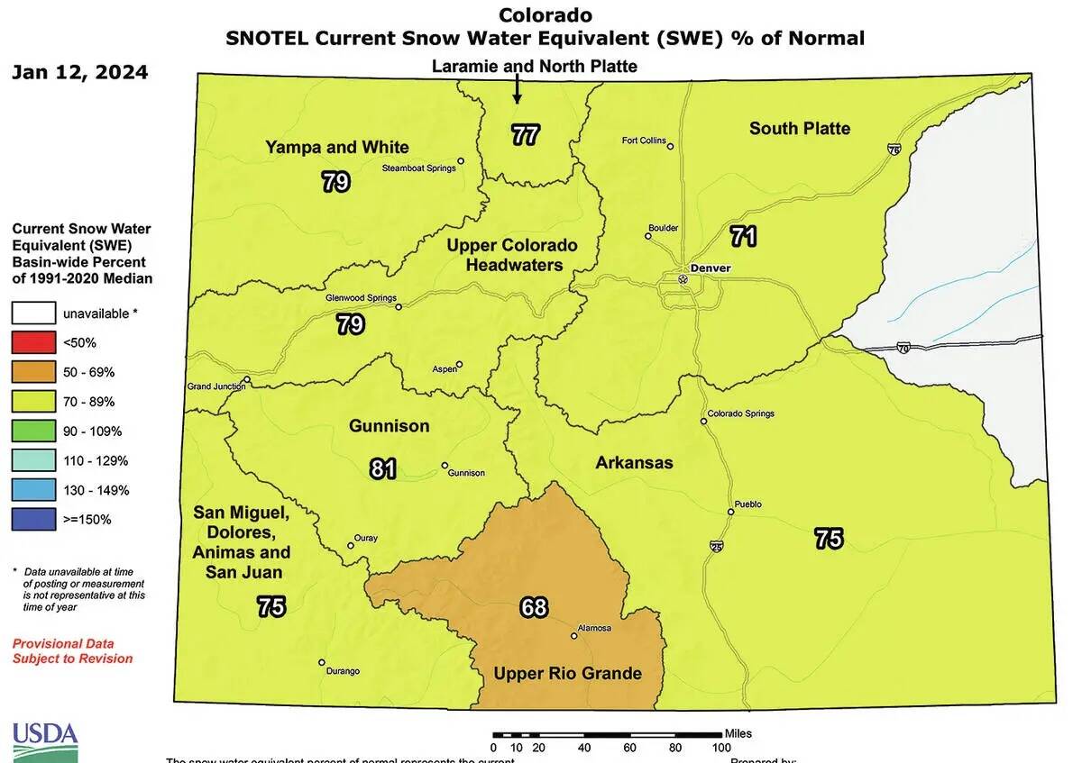 Un mapa muestra las mediciones del manto de nieve del 12 de enero de 2024 en Colorado. (USDA)