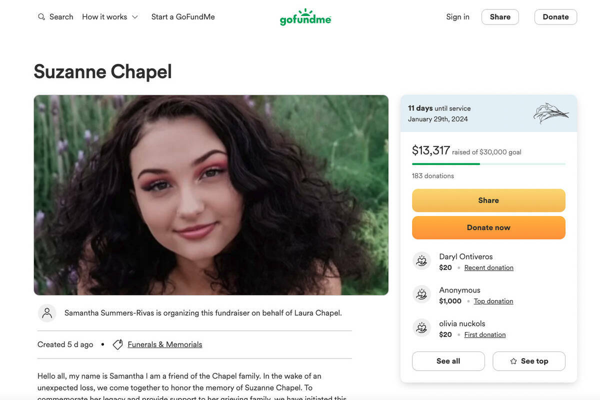 Suzanne Chapel aparece en una captura de pantalla de una página de GoFundMe. (GoFundMe)