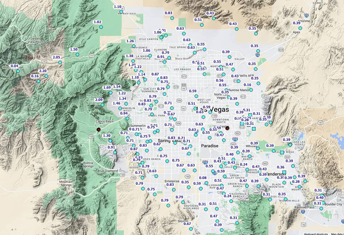 Los totales de lluvia de tres días para la región de Las Vegas para la tormenta del 3 de febr ...