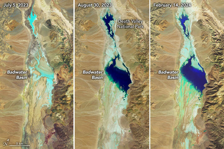 Imágenes de satélite publicadas recientemente por la NASA muestran que el lago Manly en el De ...