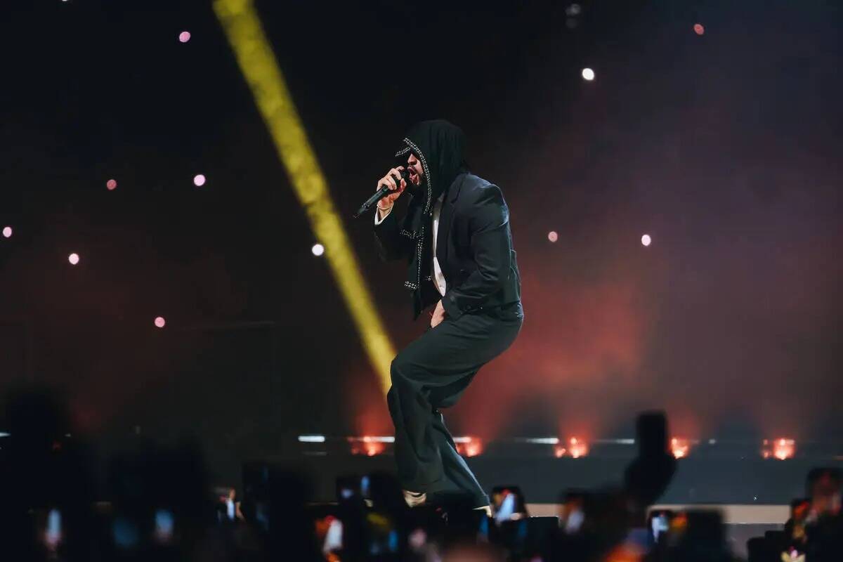 Bad Bunny se presenta durante su gira Most Wanted Tour en el T-Mobile Arena, el viernes 23 de f ...