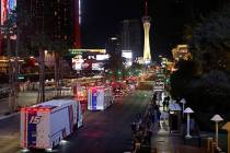 Los camiones de la NASCAR Cup Series desfilan por el Strip de Las Vegas, el jueves 2 de marzo d ...
