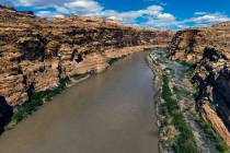El río Colorado serpentea en el Área Recreativa Nacional de Glen Canyon, cerca del puente Hit ...