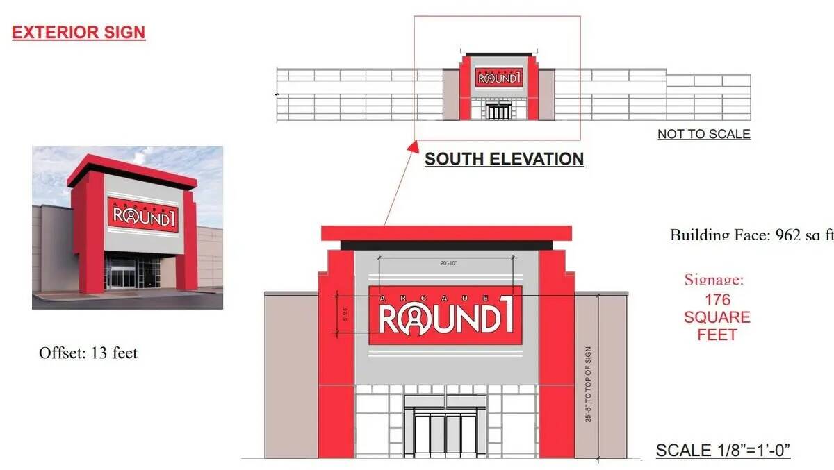 Renderings del exterior de la sala de juegos arcade Round1 prevista para Las Vegas South Premiu ...
