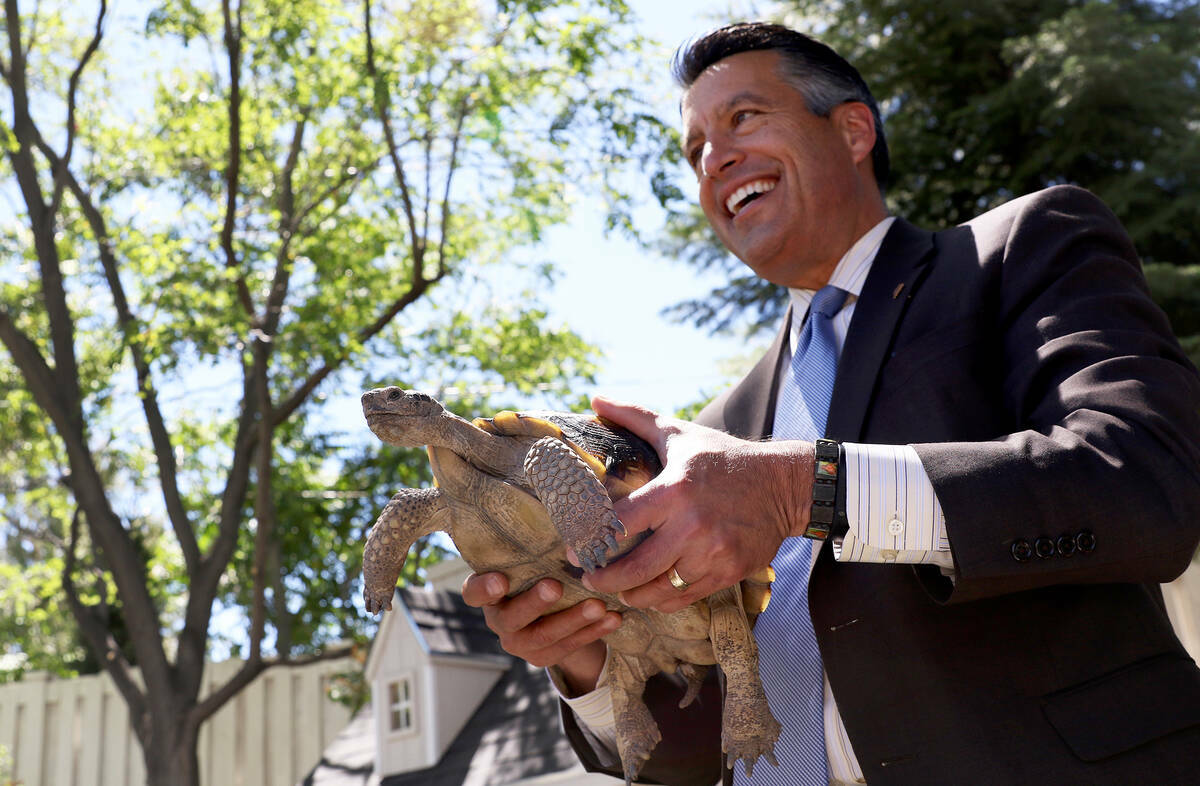 El entonces gobernador Brian Sandoval posa con Carson, una tortuga del desierto que el gobernad ...
