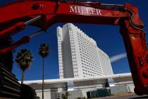 Equipos pesados de construcción se ven fuera del hotel-casino Tropicana, el lunes 1 de abril d ...
