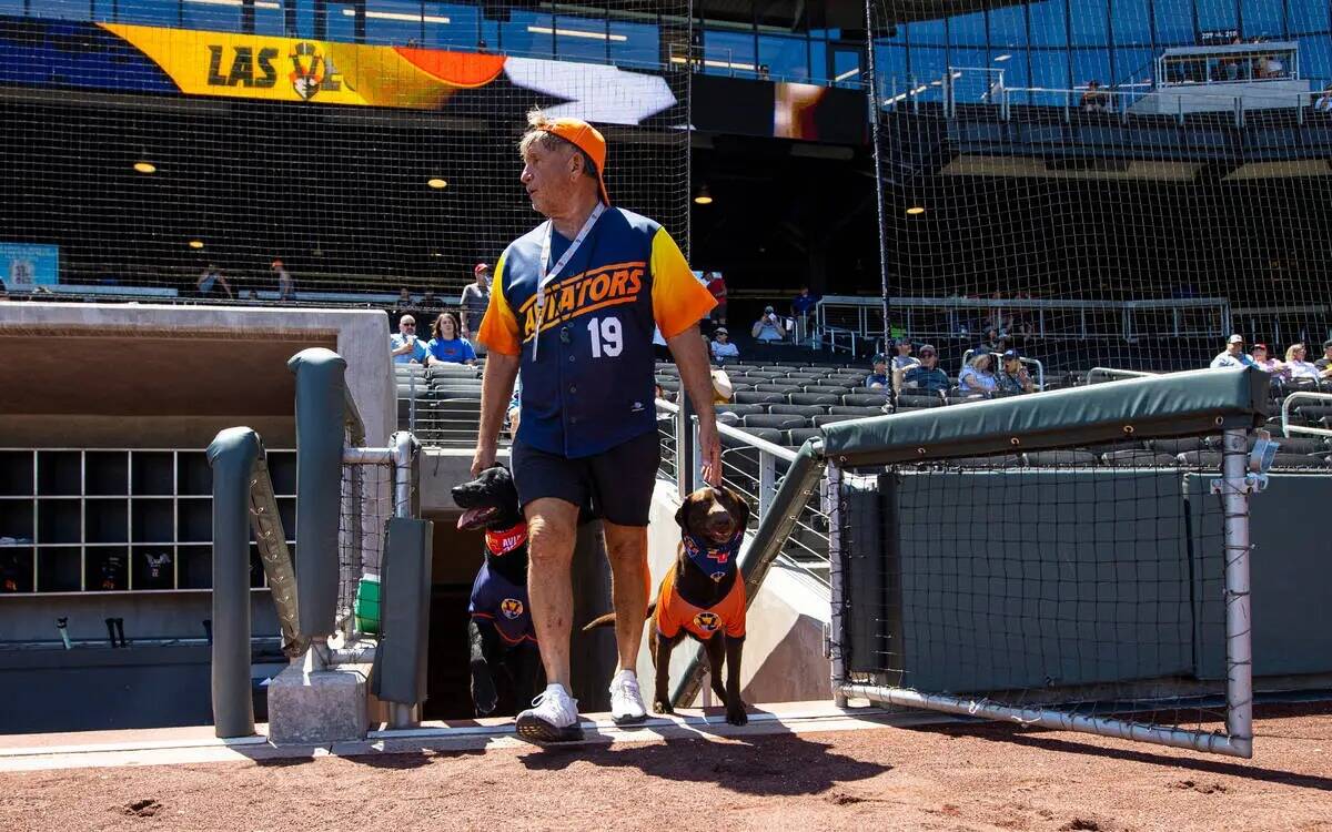 Fred Hassen, fundador del entrenamiento canino Sit Means Sit, camina hacia el campo con los per ...