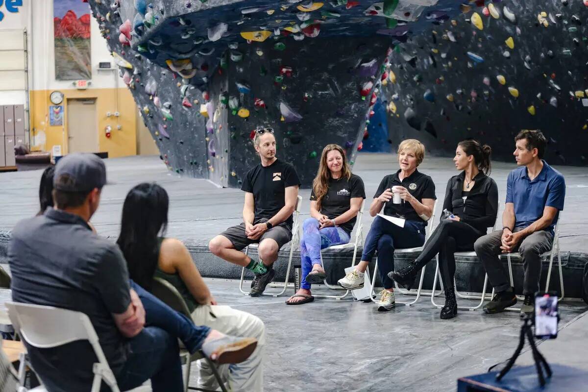 Los panelistas Justin Edberg, dueño de Refuge Climbing and Fitness center, desde la izquierda, ...