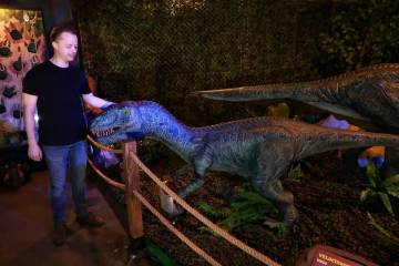 El fundador y dueño Tim Clothier, posando con Hugo el Velociraptor, habla con un reportero den ...