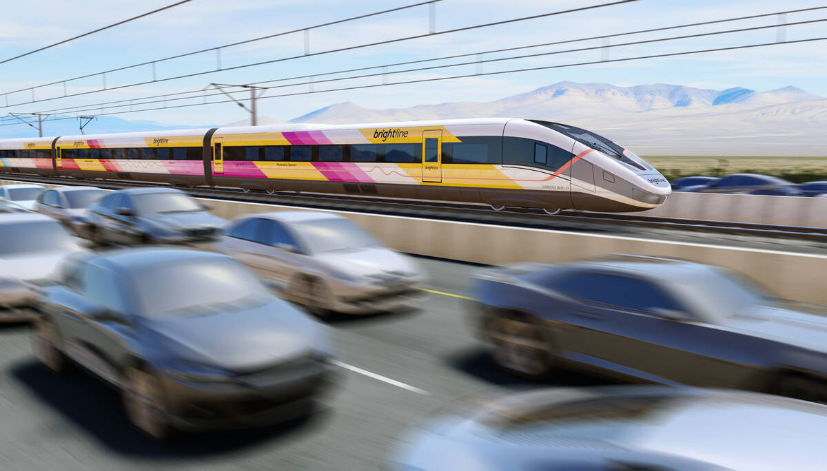 Imagen del tren Brightline West que podría usarse en la línea ferroviaria de alta velocidad p ...