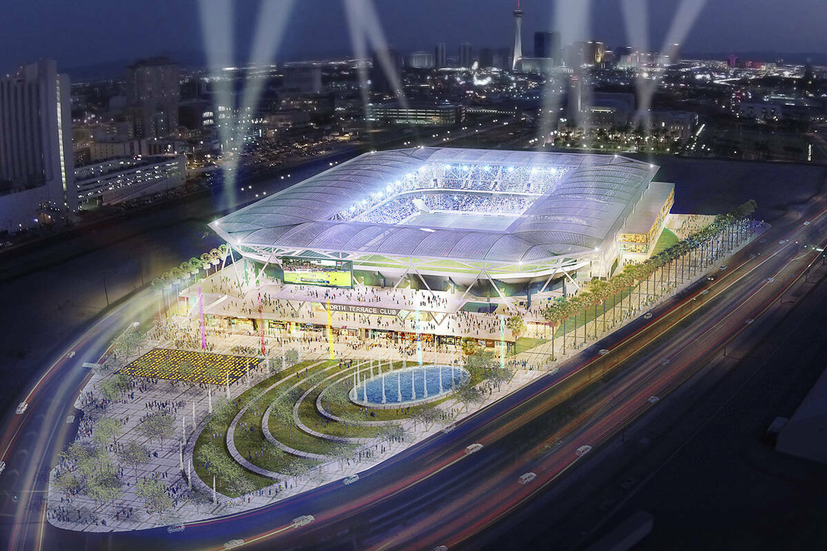 Una representación del estadio de la MLS para Symphony Park en el centro de Las Vegas, vista e ...