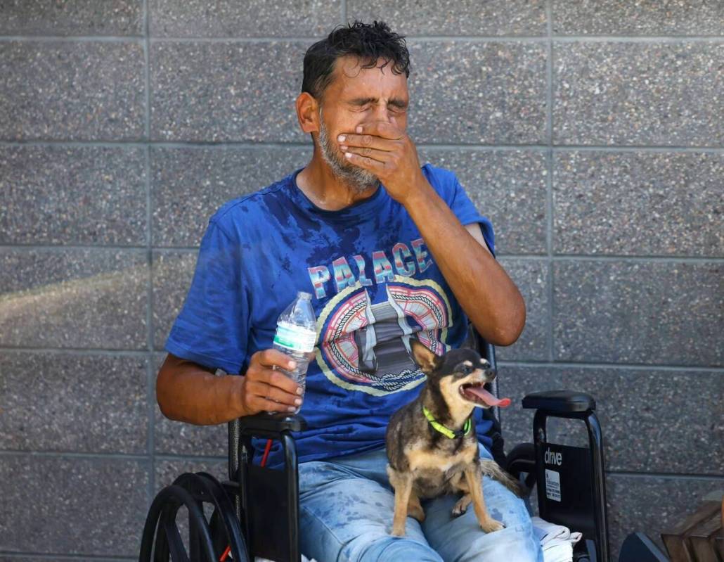 Polly se sienta en el regazo de su dueño Daniel Zamora mientras se refresca con agua durante u ...