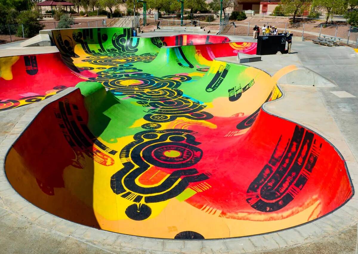 Vista aérea del Doc Romeo Skatepark, el lunes 10 de junio de 2024, en Las Vegas. El muralista ...