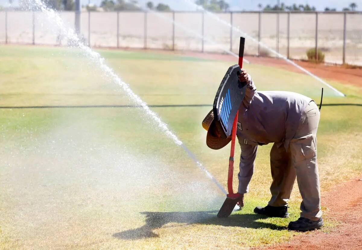 Martínez Enrique, jardinero del parque de béisbol Doc Romeo, inspecciona los aspersores duran ...