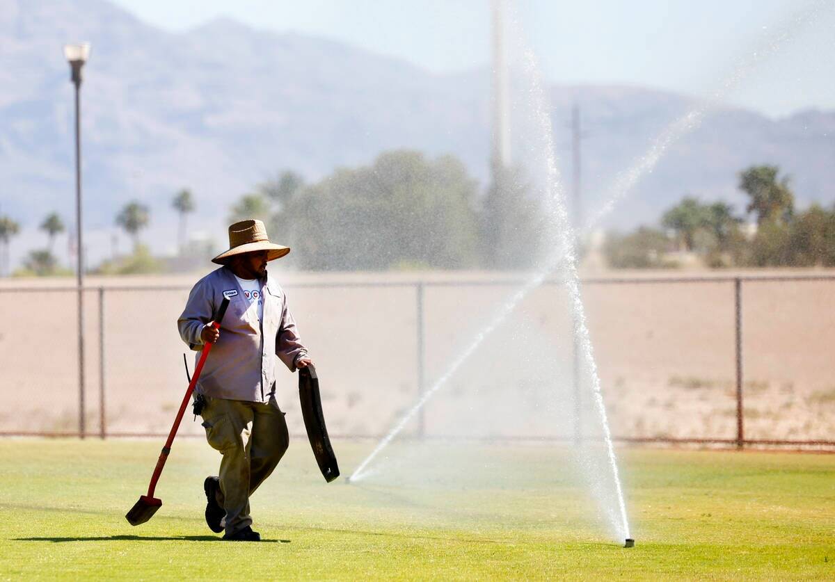 Martínez Enrique, jardinero del parque de béisbol Doc Romeo, inspecciona los aspersores duran ...