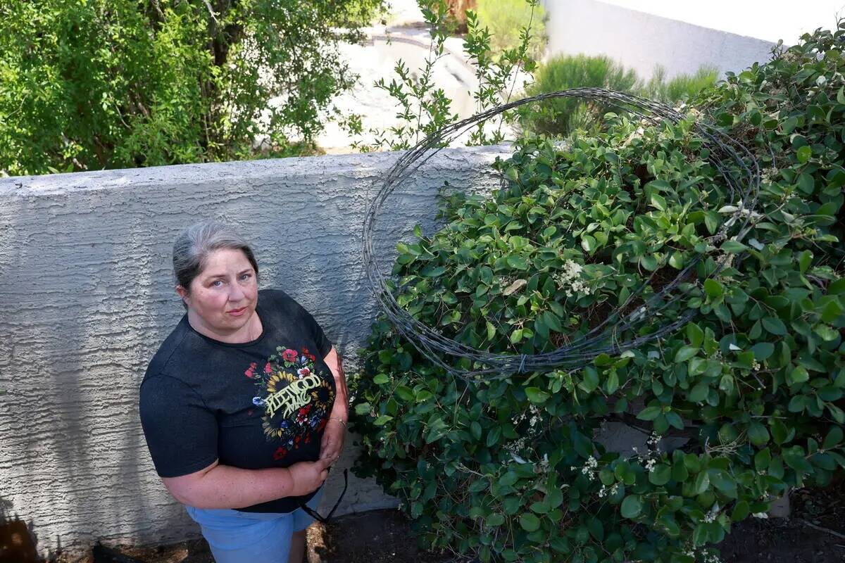 Jami Whitehead muestra alambre de púas en la pared del patio trasero de su casa en The Lakes, ...