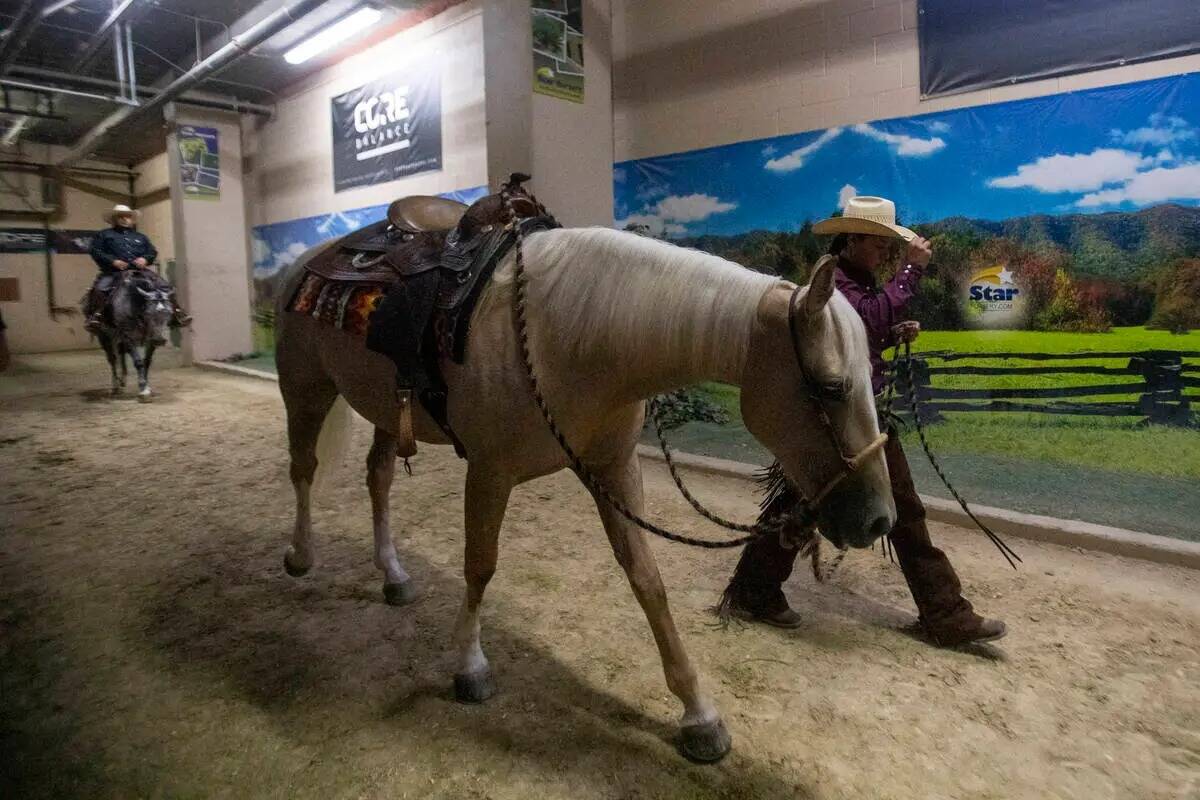 Los competidores acompañan a sus mustangs a la zona de calentamiento durante el Mustang Challe ...