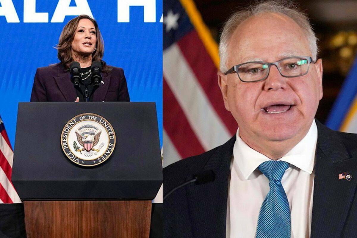 La vicepresidenta Kamala Harris, a la izquierda, y el gobernador de Minnesota, Tim Walz, a la d ...