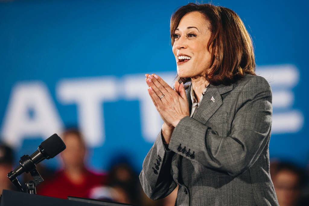 La vicepresidenta Kamala Harris habla ante una multitud durante un acto de campaña en el IBEW ...