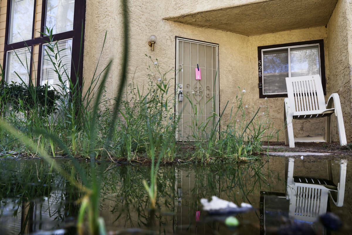 El agua se acumula cerca de una casa con un aviso de la ciudad pegado a una puerta en Somerset ...