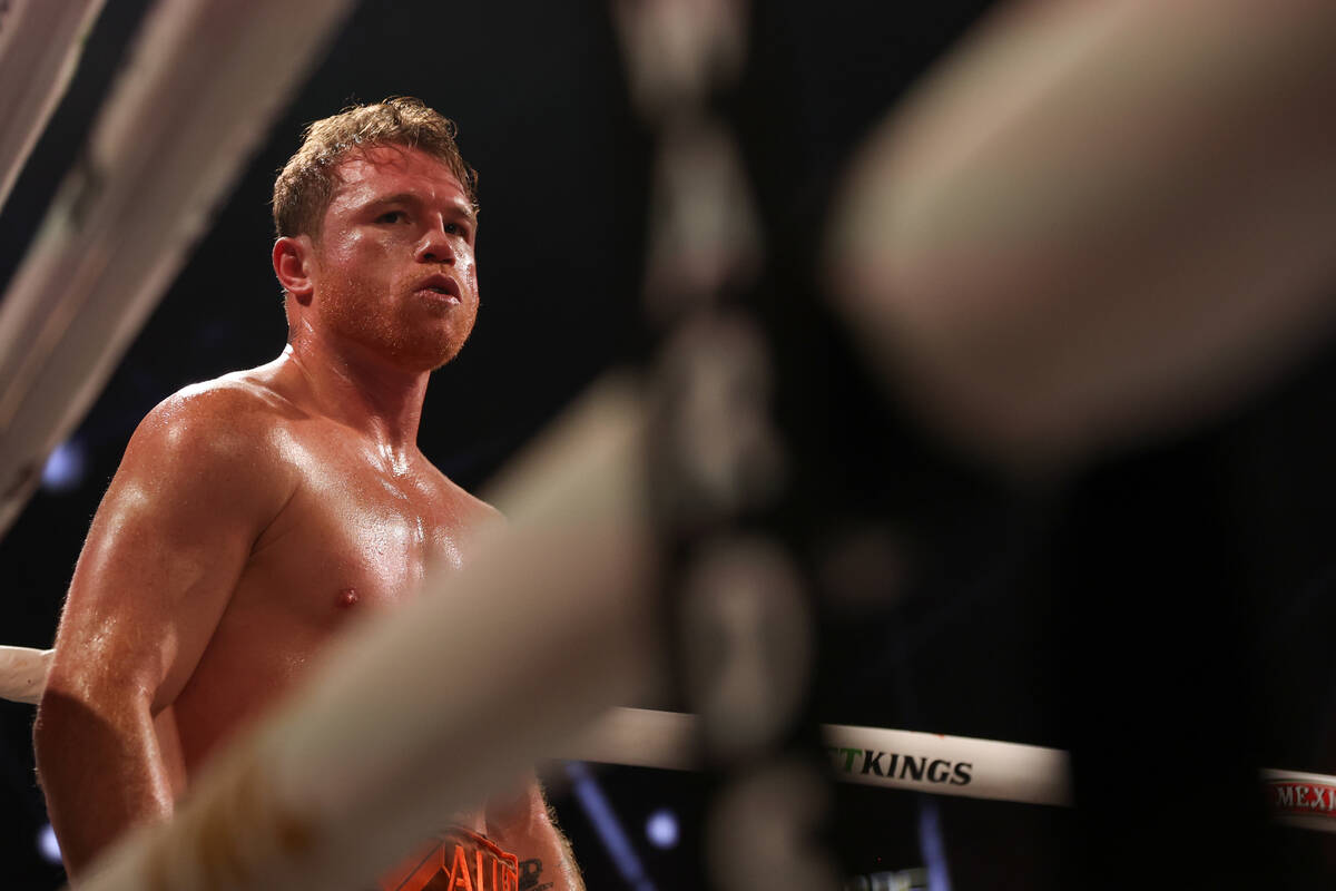 Canelo Álvarez se detiene en la esquina después de derribar a Edgar Berlanga en la lona en el ...