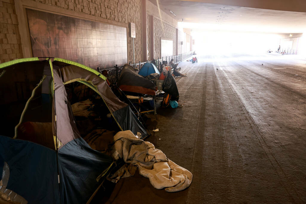 Tiendas de campaña vistas en F Street bajo la Interstate 15, en Las Vegas, el jueves 25 de jul ...