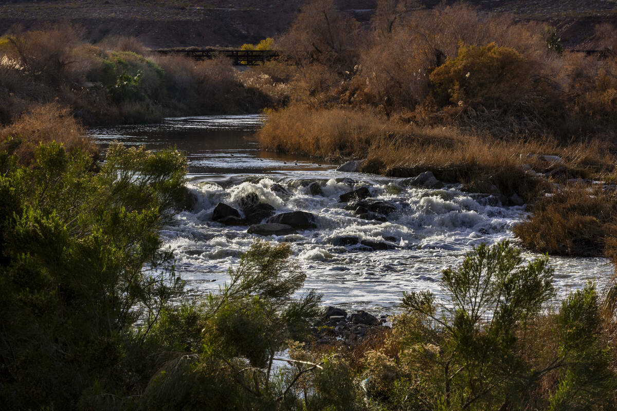 El agua fluye por una zona de rápidos a lo largo del Las Vegas Wash por encima del lago Las Ve ...