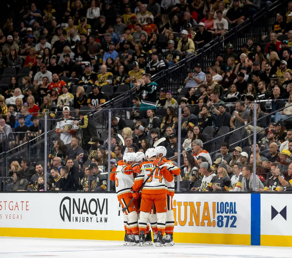 Los Anaheim Ducks celebran un gol anotado por el right wing Troy Terry (19) durante el primer p ...