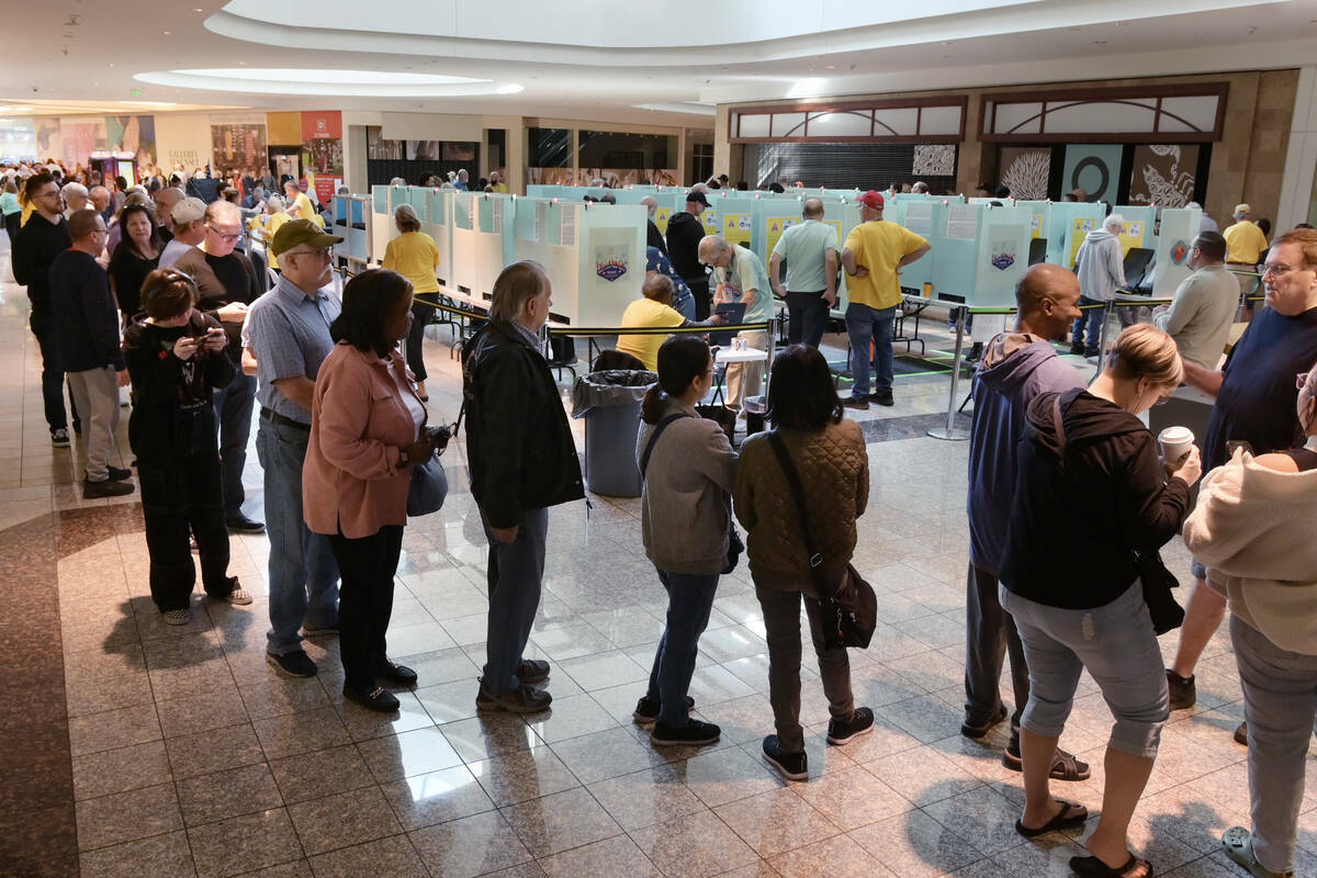 Cientos de electores hacen fila en el Galleria Mall para participar en la votación anticipada, ...