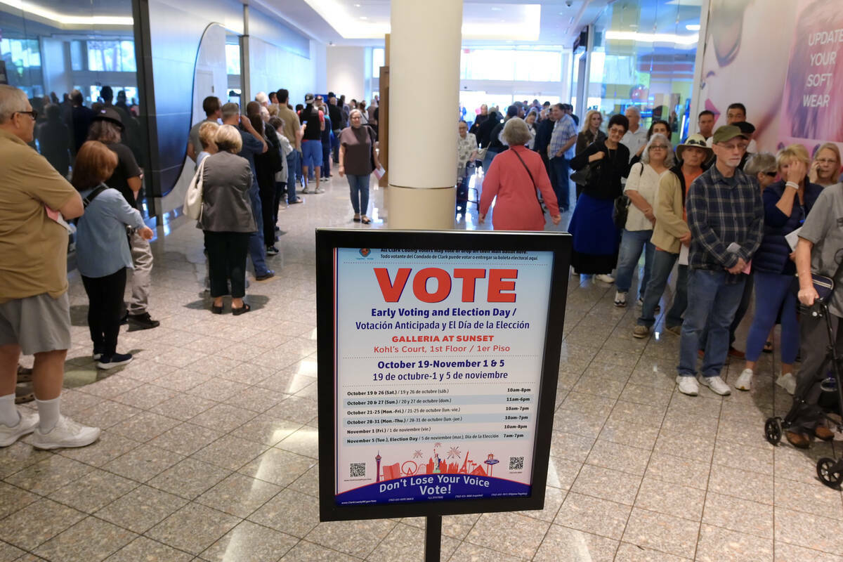 Cientos de electores hacen fila en el Galleria Mall para participar en la votación anticipada, ...