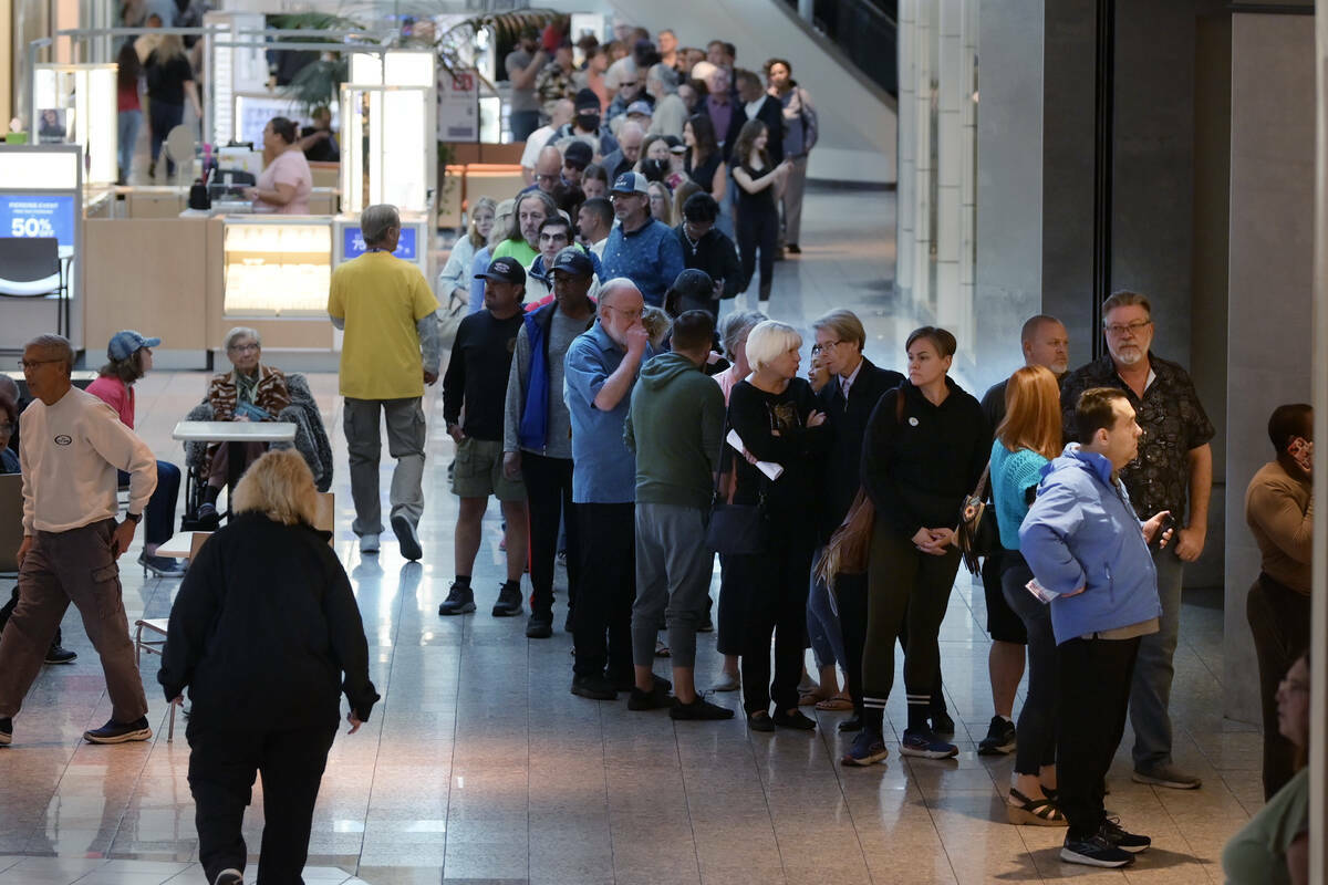 Cientos de electores hacen fila en el Galleria Mall para participar en la votación anticipada, ...