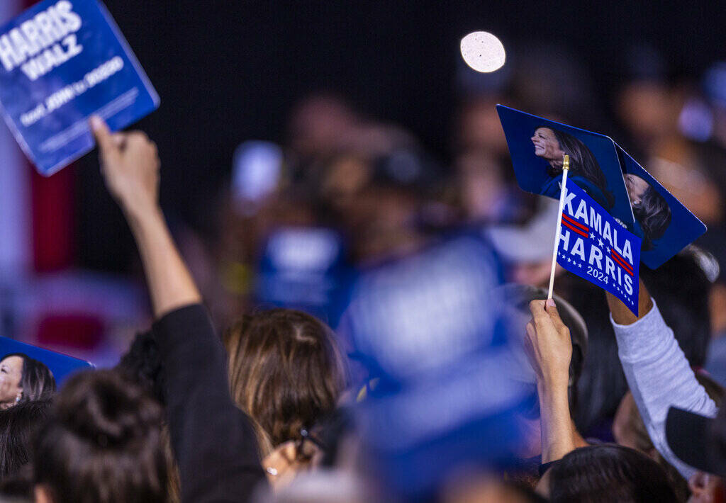 La multitud sostiene carteles y banderas mientras el expresidente Barack Obama habla en nombre ...