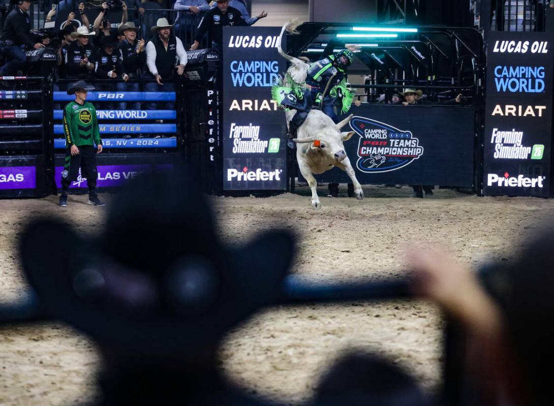 José Vitor Leme, de los Austin Gamblers, monta un toro en el Campeonato de Equipos de Jinetes ...