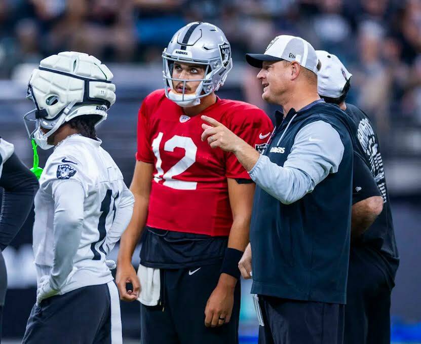 El quarterback de los Raiders, Aidan O’Connell (12), escucha al coordinador ofensivo Luke Get ...