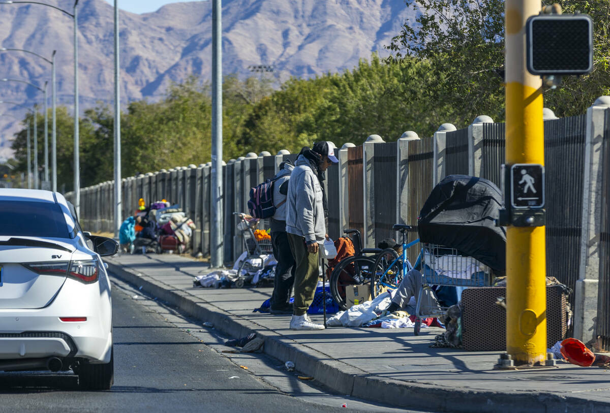 Campistas indigentes ocupan lugares en la acera a lo largo de Owens Avenue, el miércoles 6 de ...