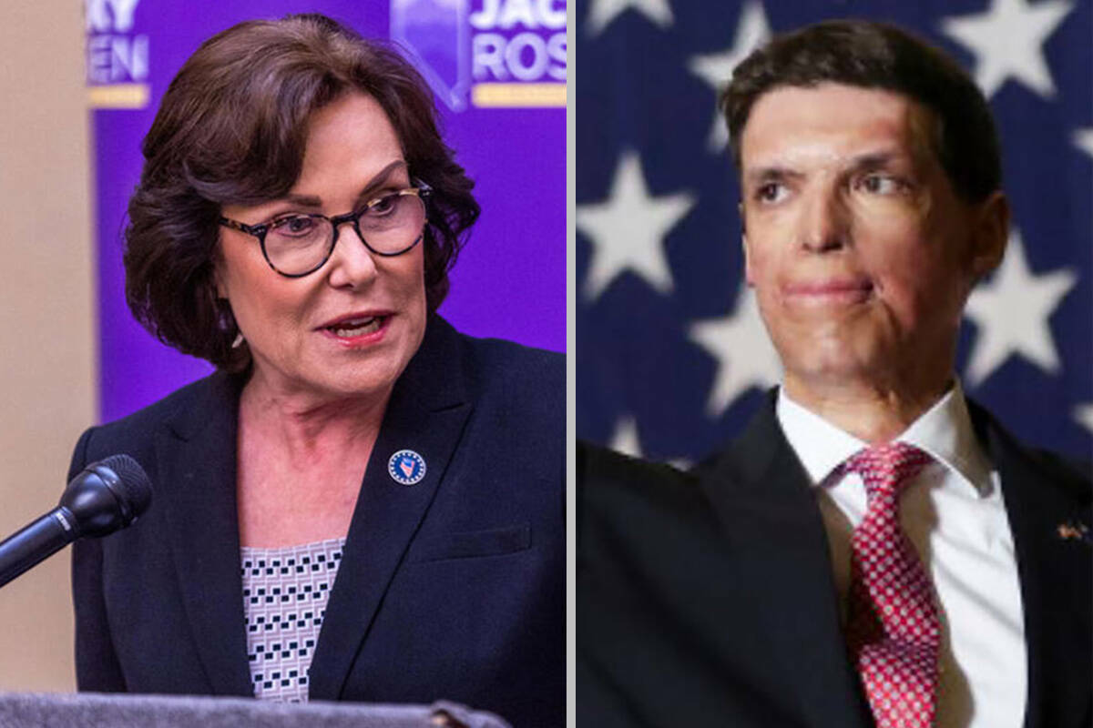 La senadora demócrata de Nevada Jacky Rosen, a la izquierda, y el aspirante republicano Sam Br ...