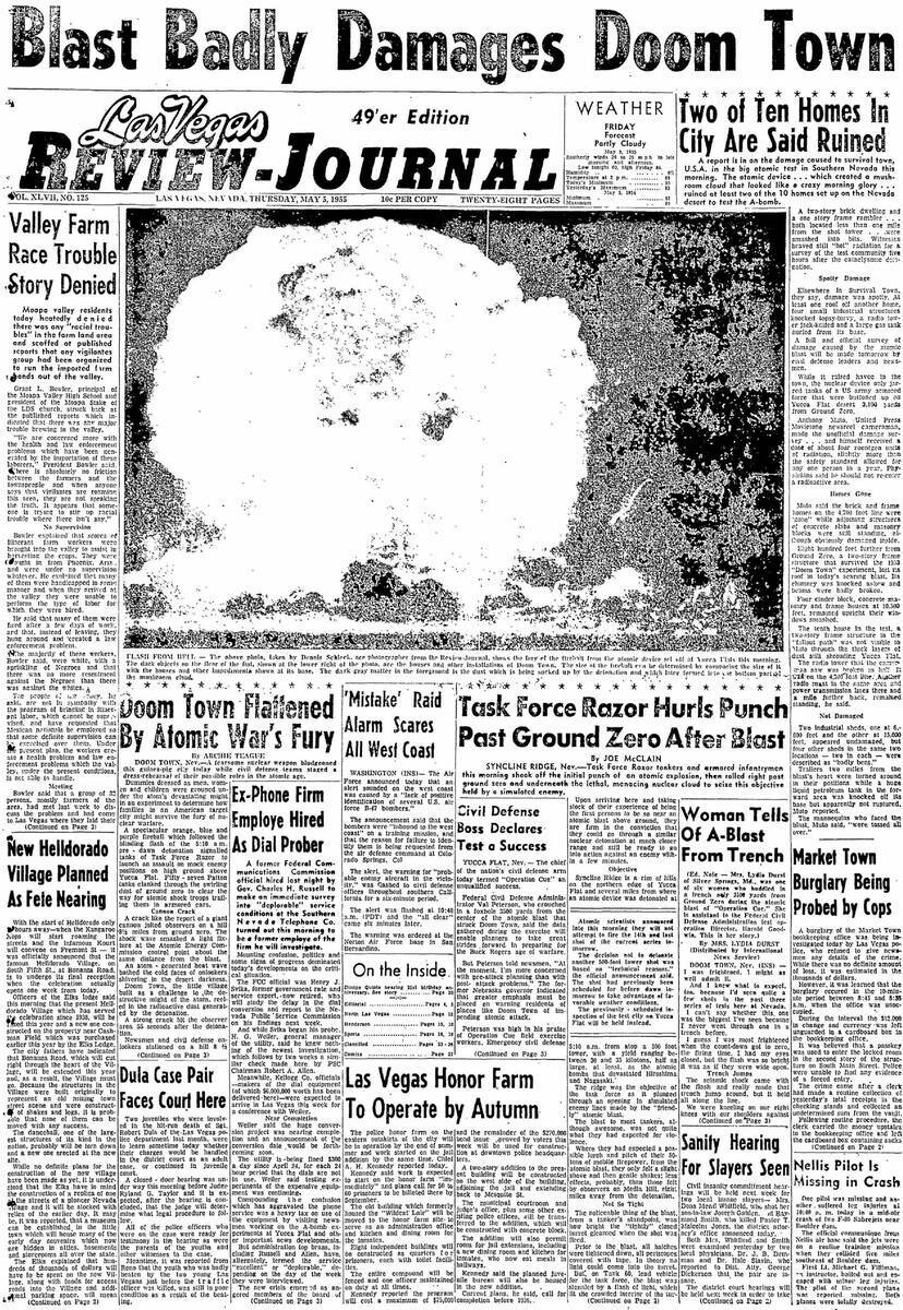 La primera plana del 5 de mayo de 1955 del Las Vegas Review-Journal. (Review-Journal)