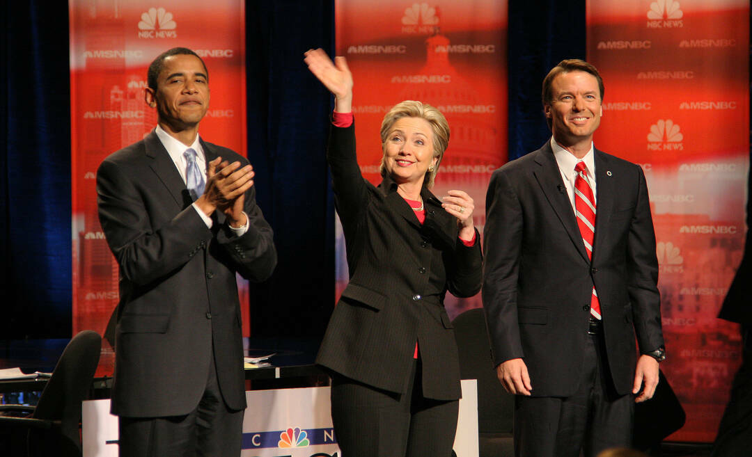 Barack Obama, Hillary Clinton y John Edwards en el debate presidencial demócrata en el Cashman ...