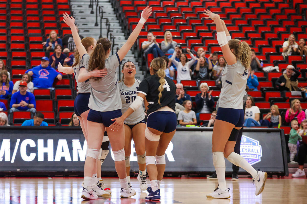 Compañeras de equipo de Utah State celebran durante un juego de primera ronda entre Utah State ...